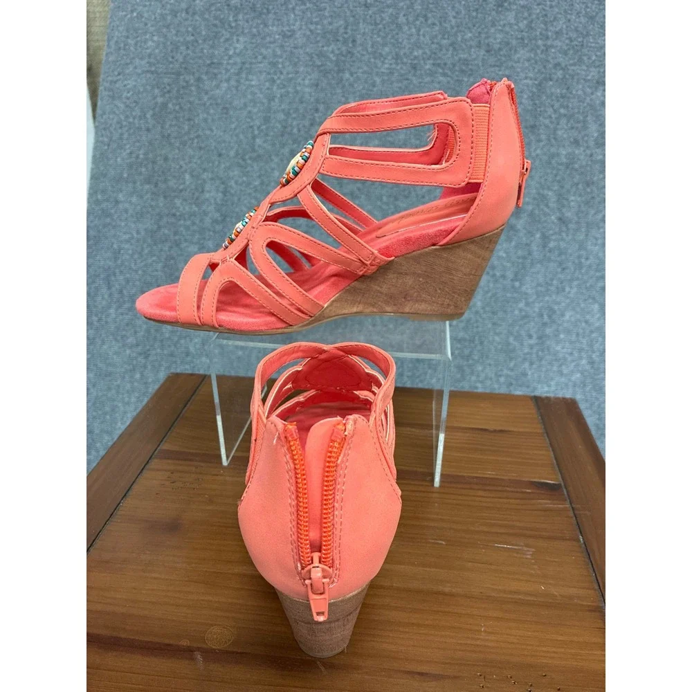 Easy Street Unity Coral Beaded Wedge Sandals Strappy Gladiator 7.5M NEW
